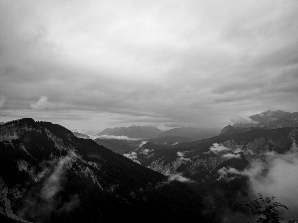Mountain range in black and white
